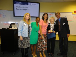 VfH Winner Terry Pellegrino, volunteer at Suncoast Hospice pictured with Alicia Lawler - Volunteer Coordinator North Pinellas, Carrie Hepburn - TBHC Executive Director, Meliss More - Volunteer Programs Coordinator and Gregg Rose - VfH Committee Chair 